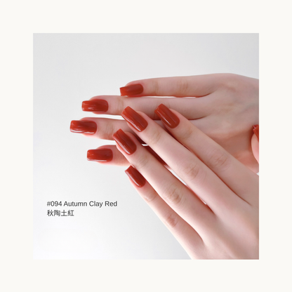 autumn clay red gel nail polish on long square nails
