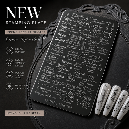 French script nail stamping plate with lettering nail tips