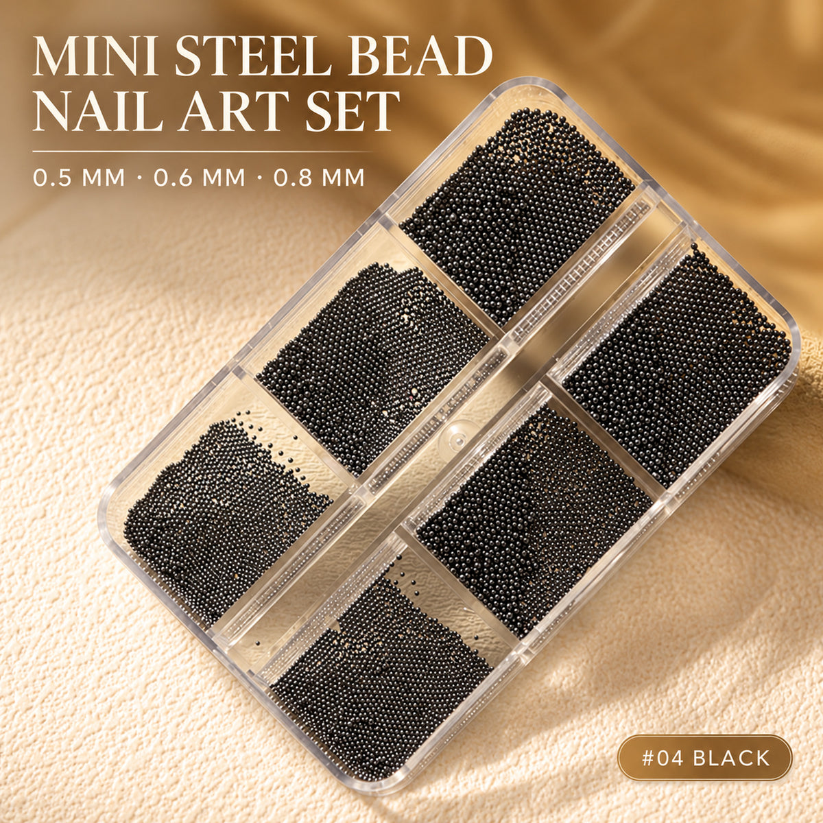 Black mini steel bead nail art set #04 with six compartments featuring 0.5 mm, 0.6 mm and 0.8 mm beads.