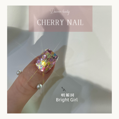 Bright Girl nail glitter featuring purple stars and holographic sparkles under bright light.