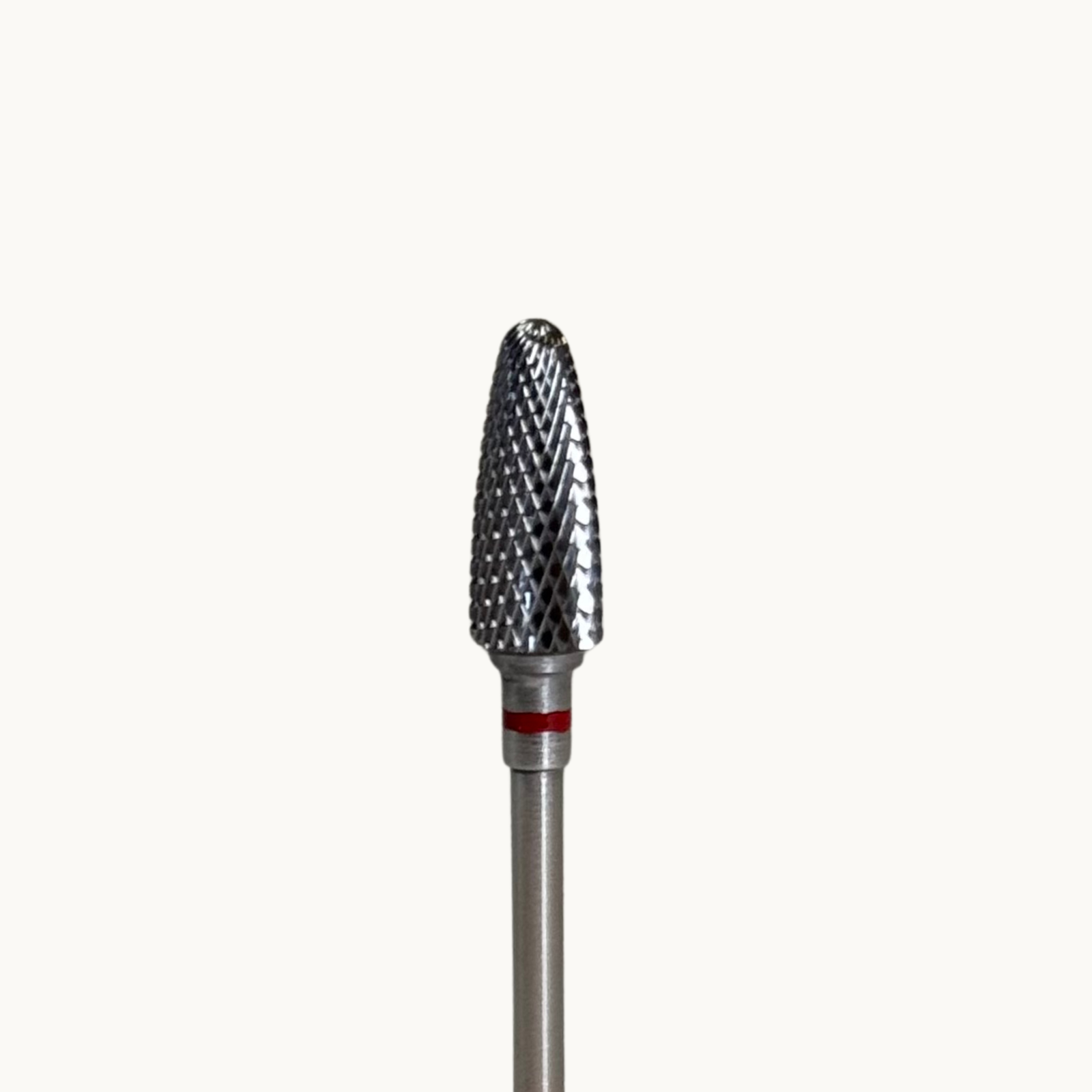 Carbide cone nail drill bit with red band fine grit for smoothing builder gel, hard gel, and finishing professional e-file nail services
