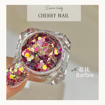 Cherry Nail Aurora Dream Barbie pink chunky iridescent glitter for nail art, resin crafts, and cosmetic makeup sparkle designs