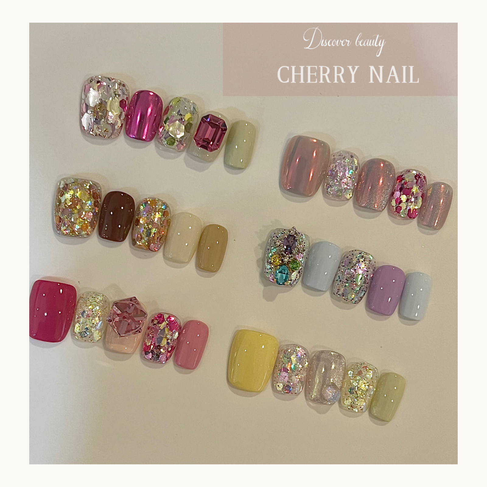 Cherry Nail Aurora Dream Glitter Collection displayed on multiple nail design samples featuring iridescent chunky glitter nail art with salon luxury finish