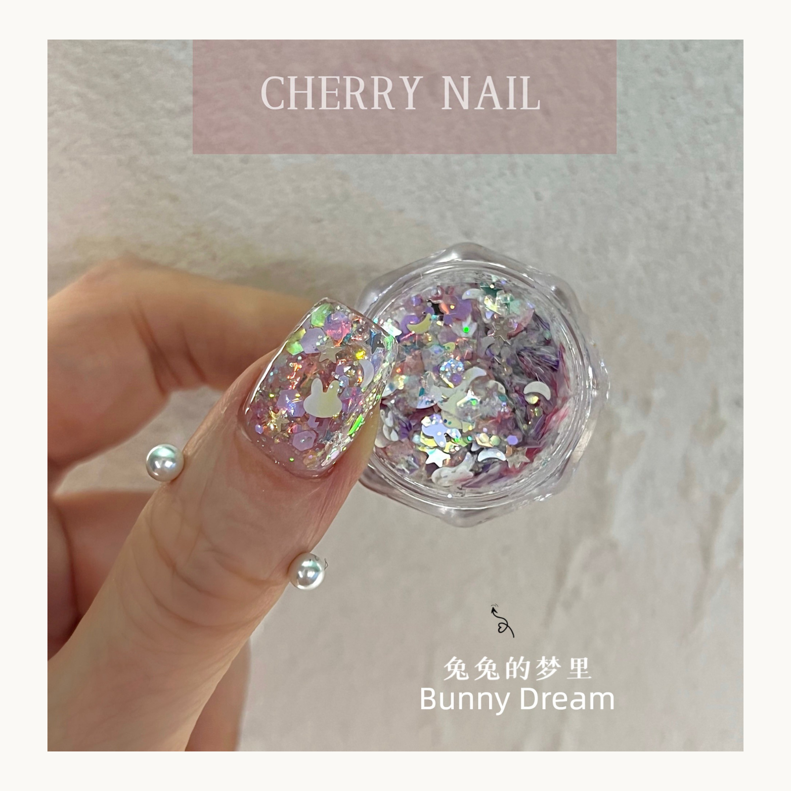 Cherry Nail Bunny Dream mixed iridescent glitter with bunny shapes and fantasy flakes for nail art, resin crafts and creative makeup