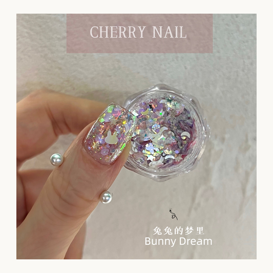 Cherry Nail Bunny Dream mixed iridescent glitter with bunny shapes and fantasy flakes for nail art, resin crafts and creative makeup