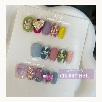 Cherry Nail Candy Fantasy glitter used in Candy Sweetie nail art featuring pastel sparkle glitter, rhinestones, and dimensional kawaii nail decoration