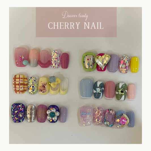 Cherry Nail Candy Fantasy Glitter Collection displayed on multiple pastel and candy inspired nail art designs featuring chunky glitter, kawaii decorations, and salon nail styles