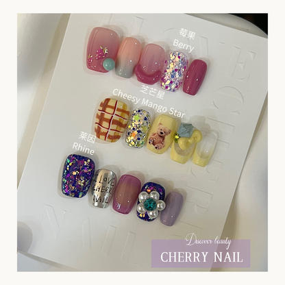Cherry Nail Candy Fantasy glitter used in Cotton Pink Crepe nail design featuring pastel chunky glitter, crystal embellishments, and playful salon nail art style