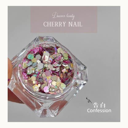 Cherry Nail Celestial Candy Flakes Confession pink holographic glitter mix featuring pastel hexagon flakes and reflective shimmer for nail art and makeup looks