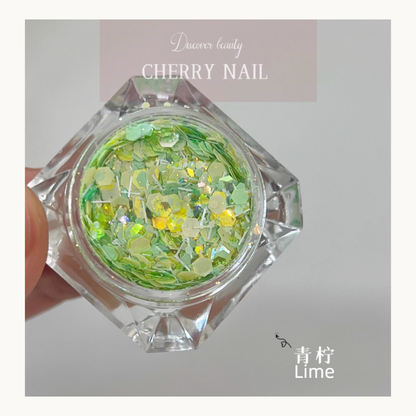 Cherry Nail Celestial Candy Flakes Lime green iridescent glitter blend with chunky hexagon flakes and neon shimmer for creative nail designs and resin crafts