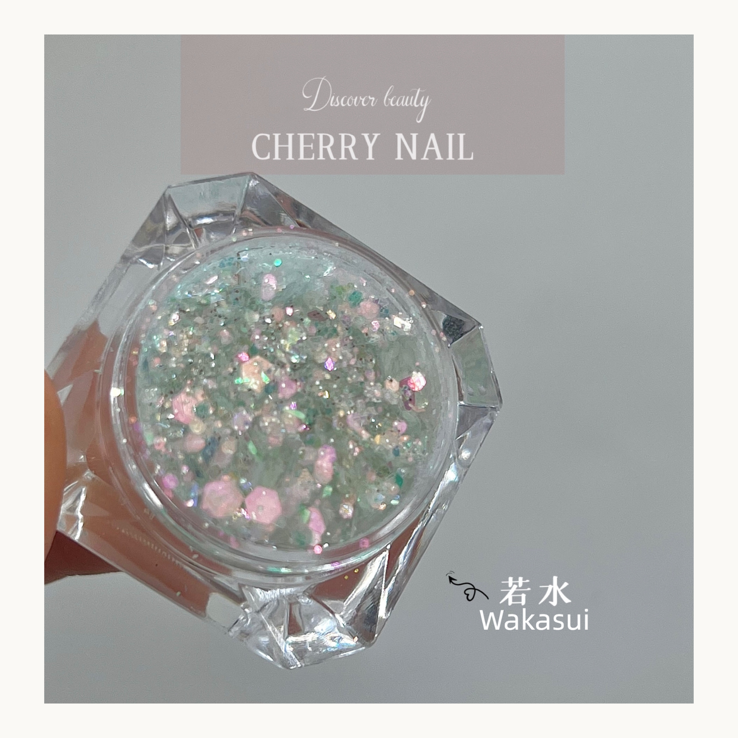 Cherry Nail Celestial Candy Flakes Wakasui iridescent pastel glitter mix featuring soft aqua green flakes and holographic shimmer for nail art and resin crafts