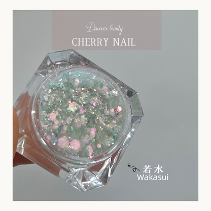 Cherry Nail Celestial Candy Flakes Wakasui iridescent pastel glitter mix featuring soft aqua green flakes and holographic shimmer for nail art and resin crafts
