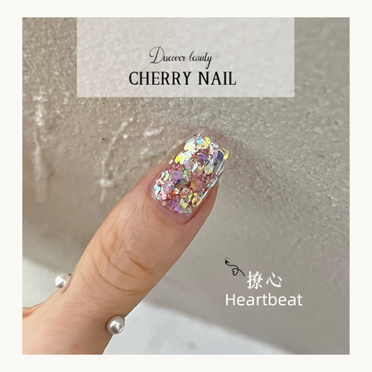 Cherry Nail Celestial Shards Heartbeat glitter featuring iridescent crystal shard flakes layered over gel nails creating dreamy holographic nail art
