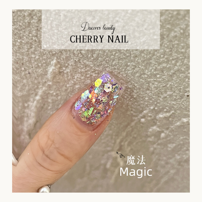 Cherry Nail Celestial Shards Magic glitter nail design featuring multi-size iridescent glitter flakes on translucent gel base for galaxy inspired nail art
