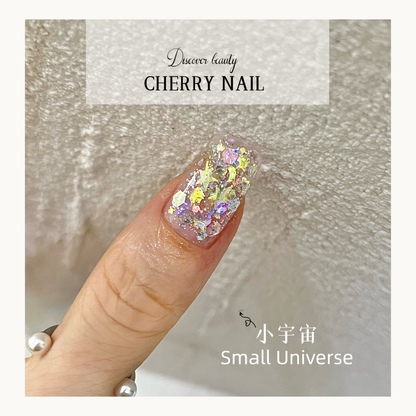 Cherry Nail Celestial Shards Small Universe glitter featuring holographic star and crystal shard flakes creating sparkling galaxy nail art effect
