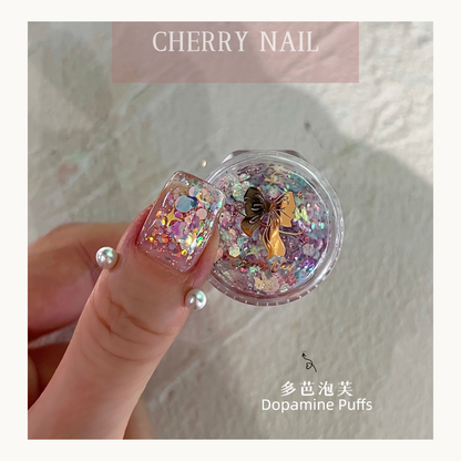 Cherry Nail Dopamine Puffs chunky glitter mix with colorful iridescent flakes and decorative sequins used for nail art design, resin crafts, and creative makeup decoration