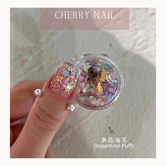 Cherry Nail Dopamine Puffs chunky glitter mix with colorful iridescent flakes and decorative sequins used for nail art design, resin crafts, and creative makeup decoration
