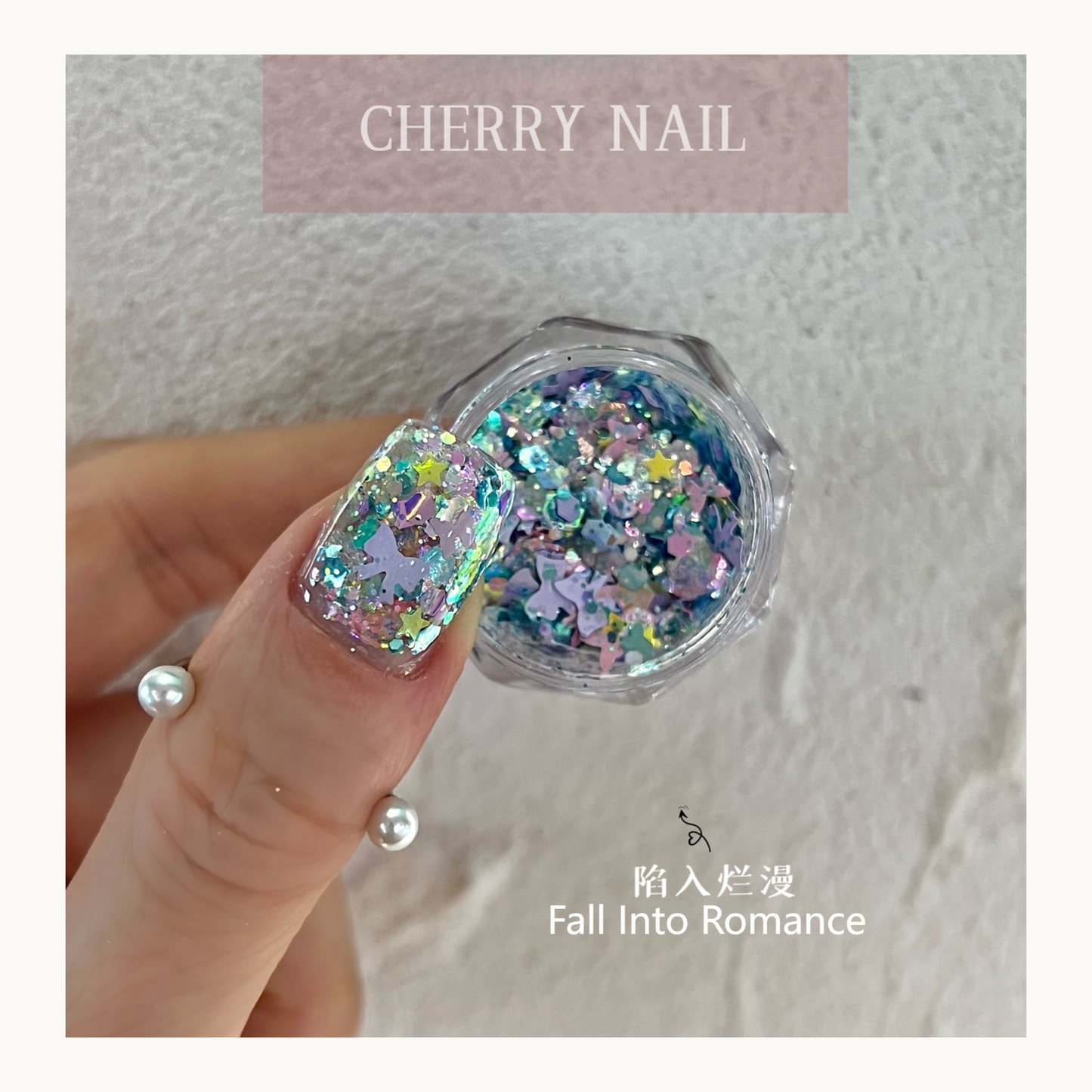 Cherry Nail Fall Into Romance mixed iridescent glitter with pastel fantasy shapes for nail art, resin crafts and decorative makeup