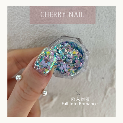 Cherry Nail Fall Into Romance mixed iridescent glitter with pastel fantasy shapes for nail art, resin crafts and decorative makeup