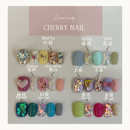 Full palette of Cherry Nail glitter collection shown on press-on nail sets with names like Red Fu and Soul.
