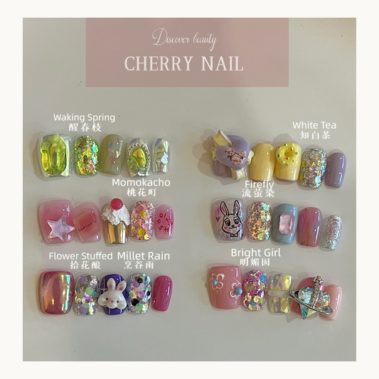 Complete collection of 6 Cherry Nail glitter sets including Waking Spring and Bright Girl.
