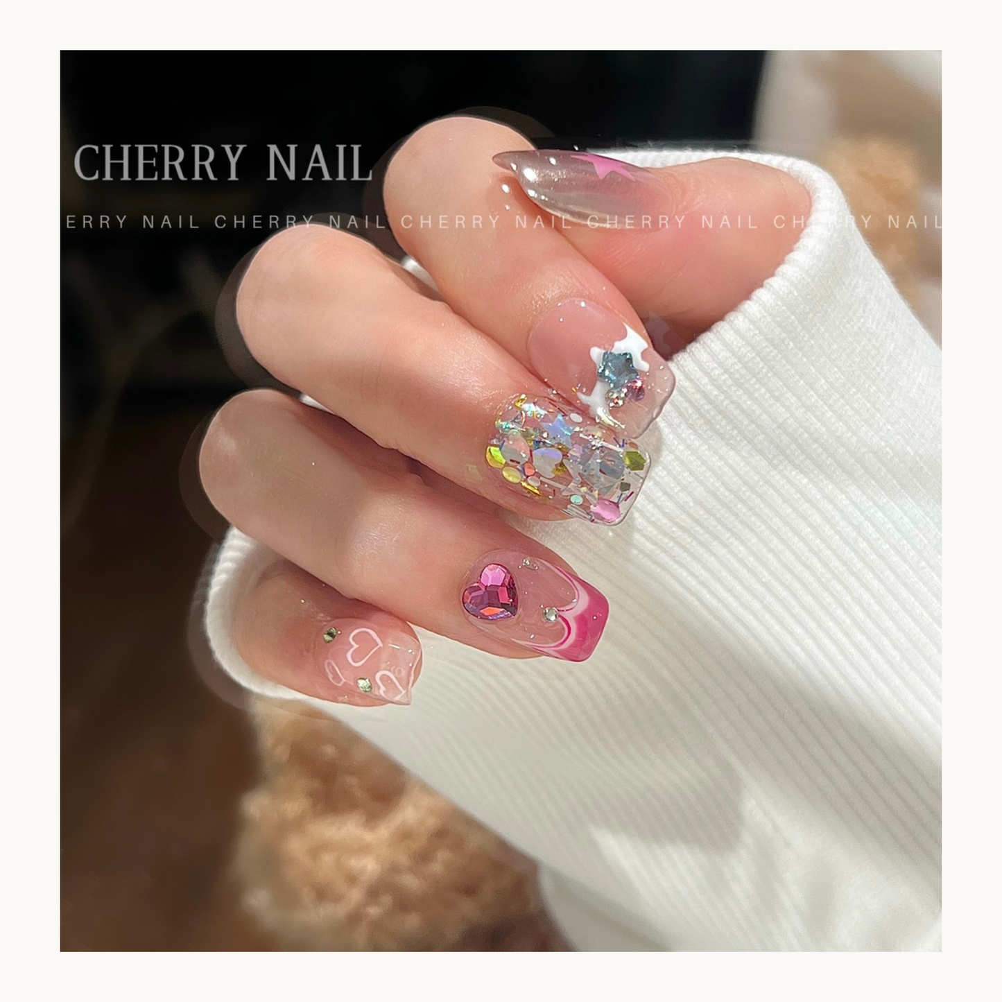 Cherry Nail Little Pico Star glitter nail design featuring layered mixed glitter with star and heart accents