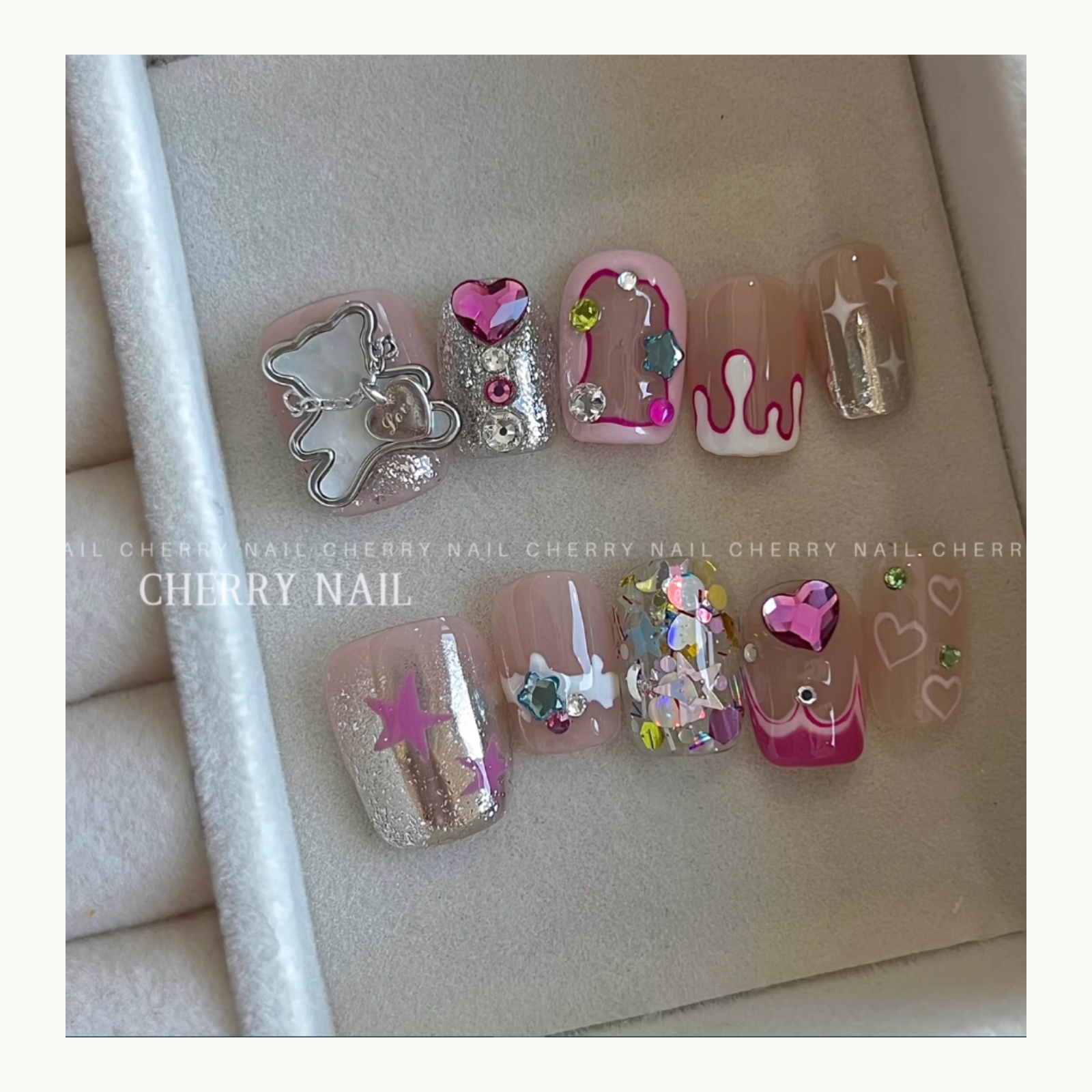 Cherry Nail Little Pico Star mixed glitter used in full nail art set with star, heart and iridescent decoration elements