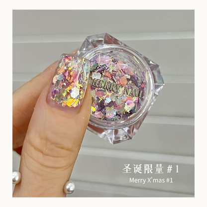 Cherry Nail Merry X’mas Series glitter 01 featuring pink and iridescent chunky glitter flakes layered over gel nails creating festive Christmas nail art design
