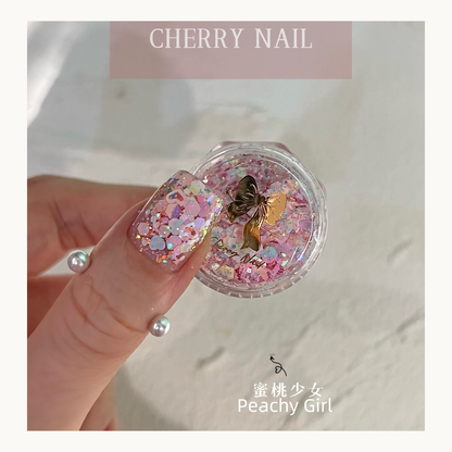 Cherry Nail Peachy Girl glitter mix with soft pink iridescent chunky flakes and decorative sequins designed for nail art styling, DIY crafts, and makeup decoration