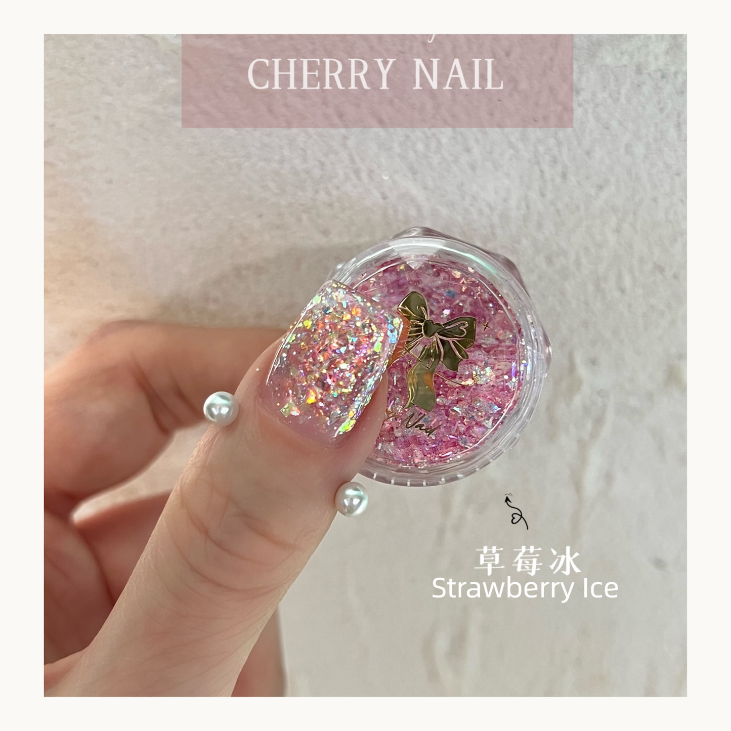 Cherry Nail Strawberry Ice mixed glitter featuring pink iridescent flakes for sweet nail art, resin crafts and cosmetic glitter decoration