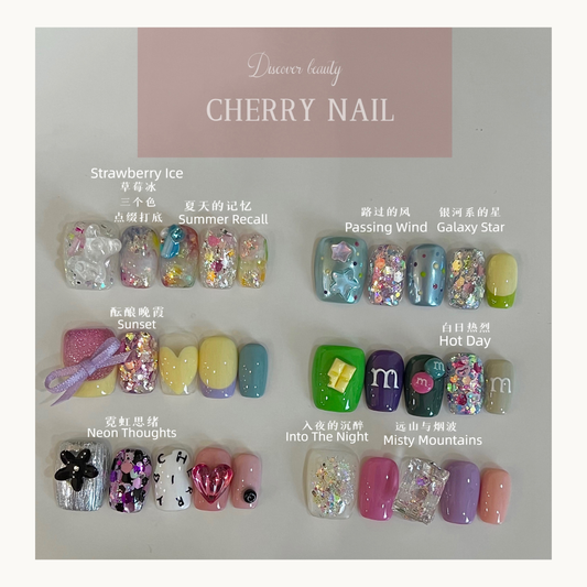 Cherry Nail Summer Recall glitter collection showing multiple nail art designs created with mixed chunky glitter for nail decoration inspiration
