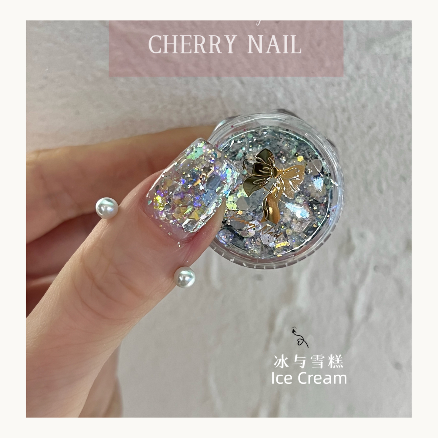 Cherry Nail Summer Recall Ice Cream mixed iridescent glitter with bow charm applied for nail art, craft and creative makeup decoration