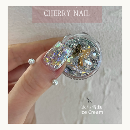 Cherry Nail Summer Recall Ice Cream mixed iridescent glitter with bow charm applied for nail art, craft and creative makeup decoration