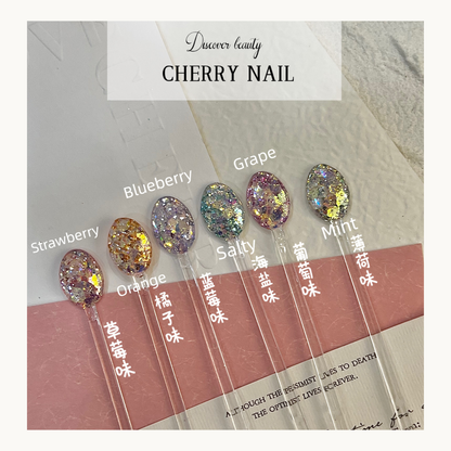 Cherry Nail Sweet Spectrum Glitter Series candy inspired nail art featuring pastel colors, chunky iridescent glitter, and decorative nail embellishments