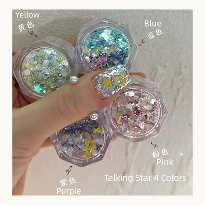 Cherry Nail Talking Star iridescent star glitter collection in pink, yellow, blue and purple for nail art and crafts