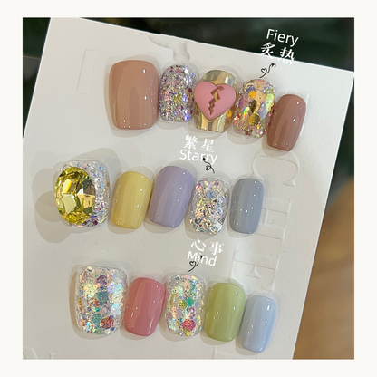 Cherry Nail Valentine’s Day Series glitter nail art featuring Fiery, Starry, and Mind glitter blends with pastel gel nails, holographic glitter flakes, crystal embellishment nails, and Valentine themed nail designs
