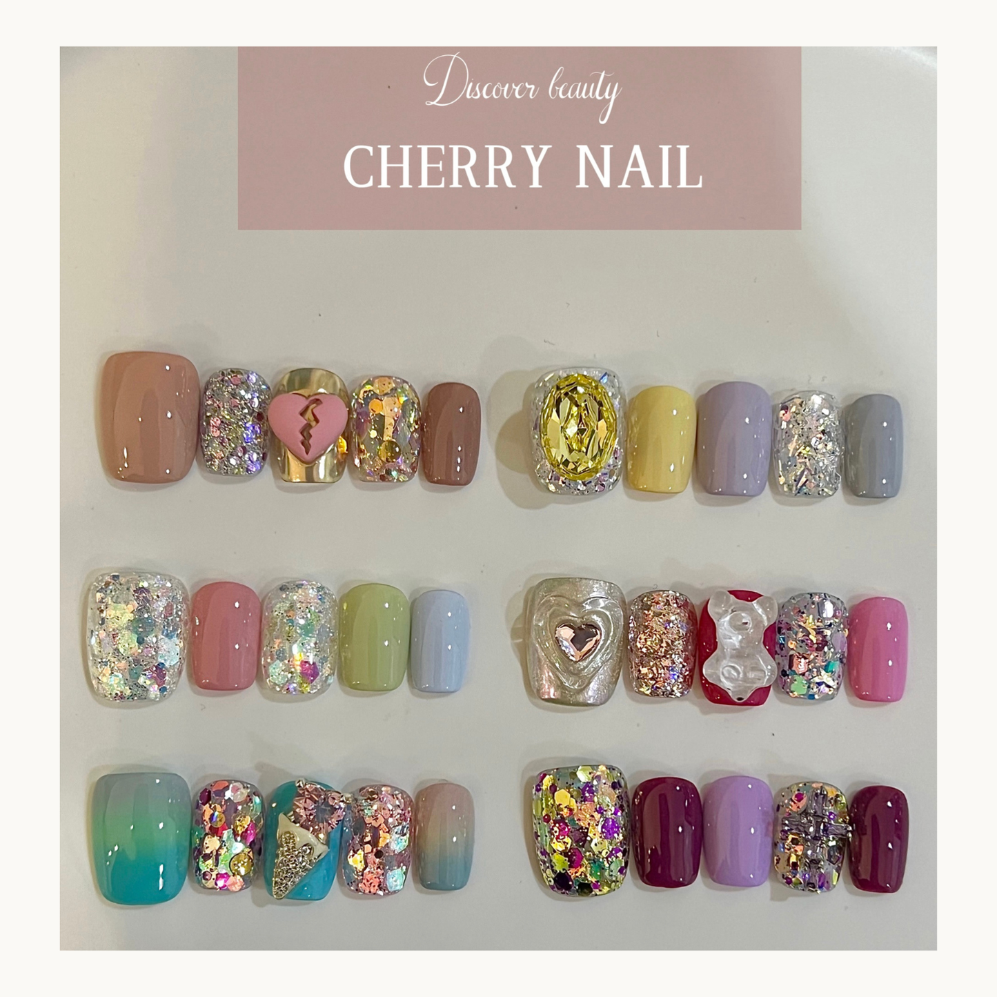 Cherry Nail Valentine’s Day Series glitter collection featuring mixed glitter nail art designs with romantic heart embellishments, holographic glitter nails, pastel gel nails, and luxury Valentine nail decoration styles

