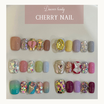 Cherry Nail Valentine’s Day Series glitter collection featuring mixed glitter nail art designs with romantic heart embellishments, holographic glitter nails, pastel gel nails, and luxury Valentine nail decoration styles
