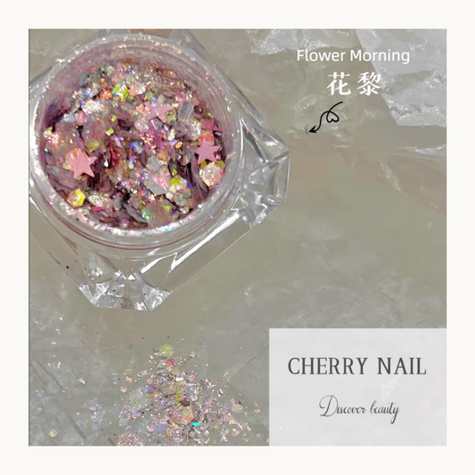 Cherry Nail Flower Morning mixed iridescent glitter flakes with star shapes for nail art, resin crafts and creative makeup decoration