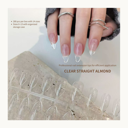 Clear Gel-X almond nail tips on hand soft sculpted nail extension look