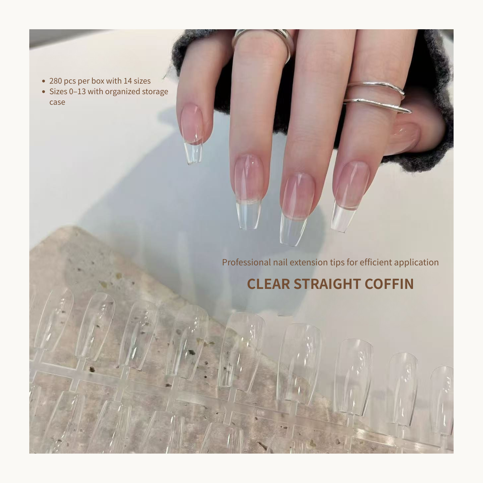 Clear Gel-X coffin nail tips on hand professional extension result