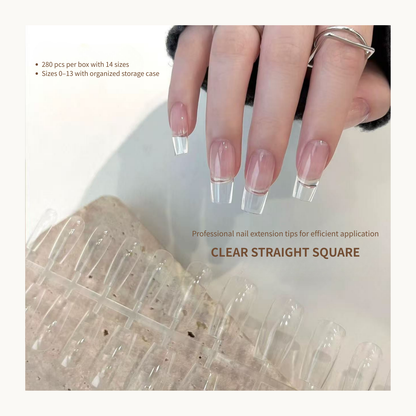 Clear Gel-X square nail tips on hand natural nail extension look