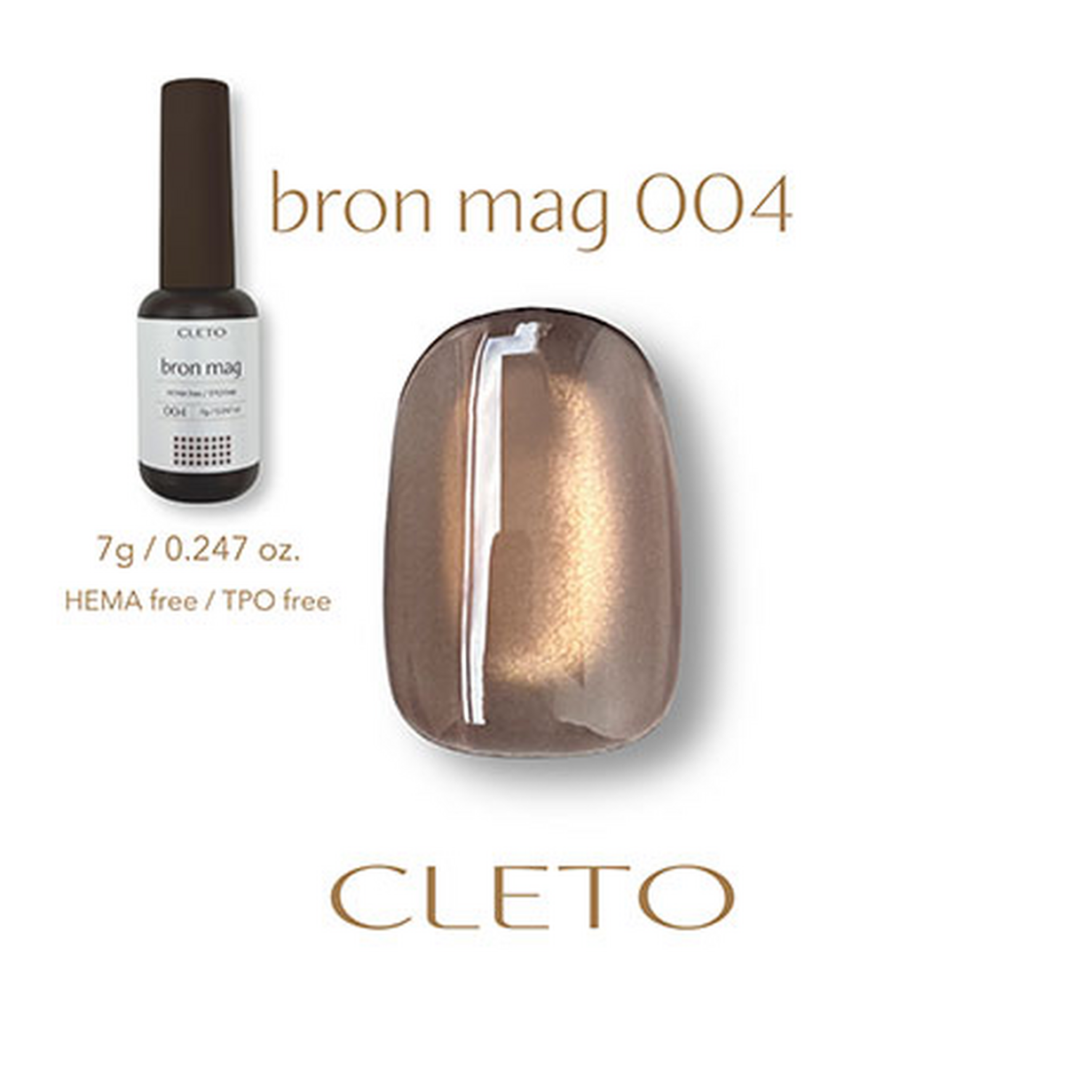 CLETO Bron Mag 004 light brown gold magnetic gel polish in a 7g bottle with a warm fine-particle shimmer swatch.