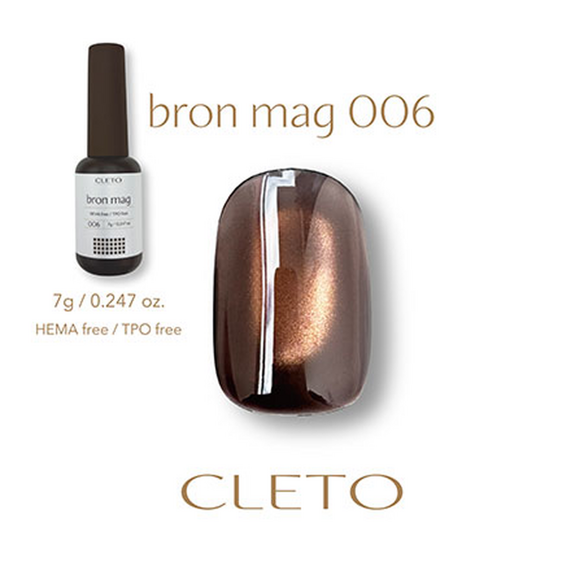 CLETO Bron Mag 006 deep brown magnetic gel polish in a 7g bottle with a fine light brown-gold shimmer swatch.
