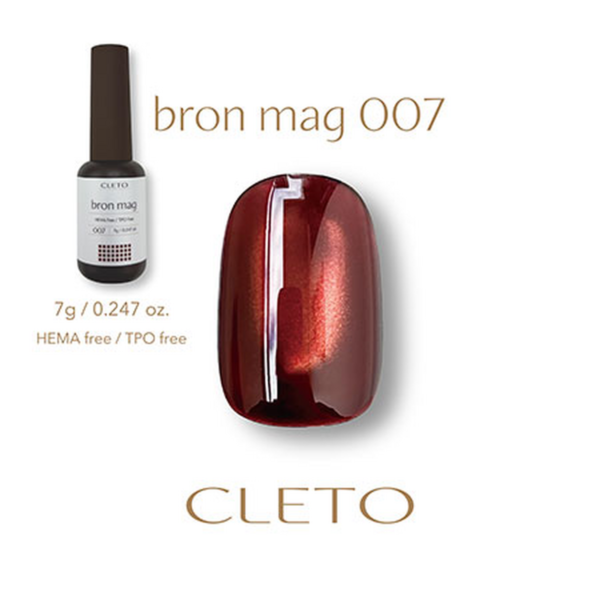 CLETO Bron Mag 007 deep red magnetic gel polish in a 7g bottle with a fine light brown-gold shimmer swatch.