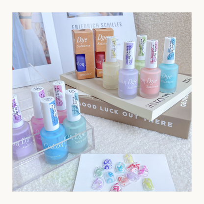 pastel color dye solution 12-color watercolor nail ink bottles and nail art samples displayed on books