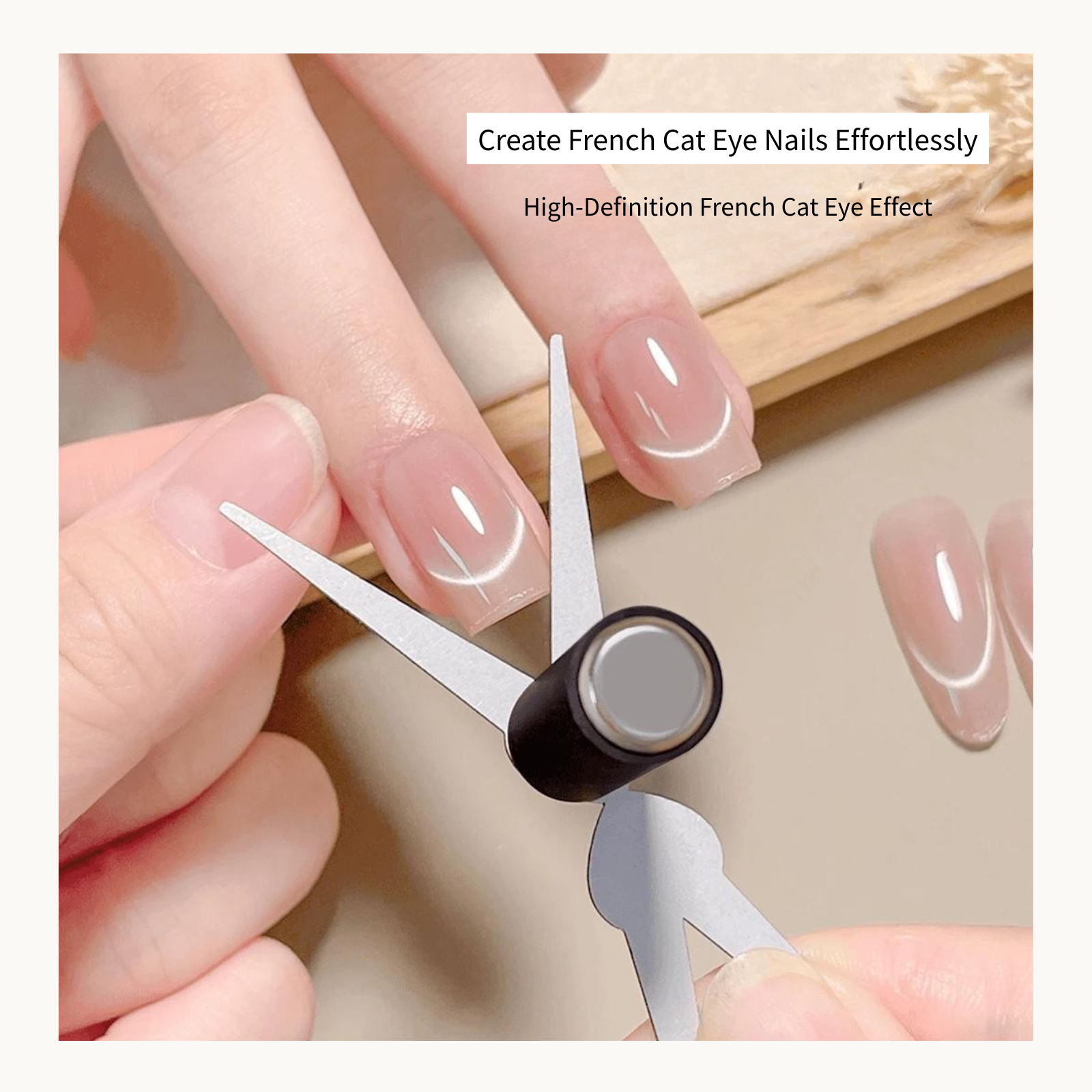 Creating French cat eye nails using magnetic gel polish tool, high definition shimmer effect for professional nail artists in North America