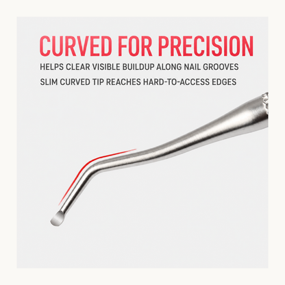 Slim curved tip on a stainless steel nail cleaning tool with a red curve highlight
