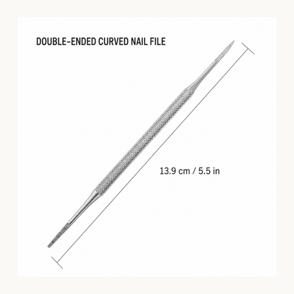 Double-ended curved nail file size guide showing 13.9 cm / 5.5 in