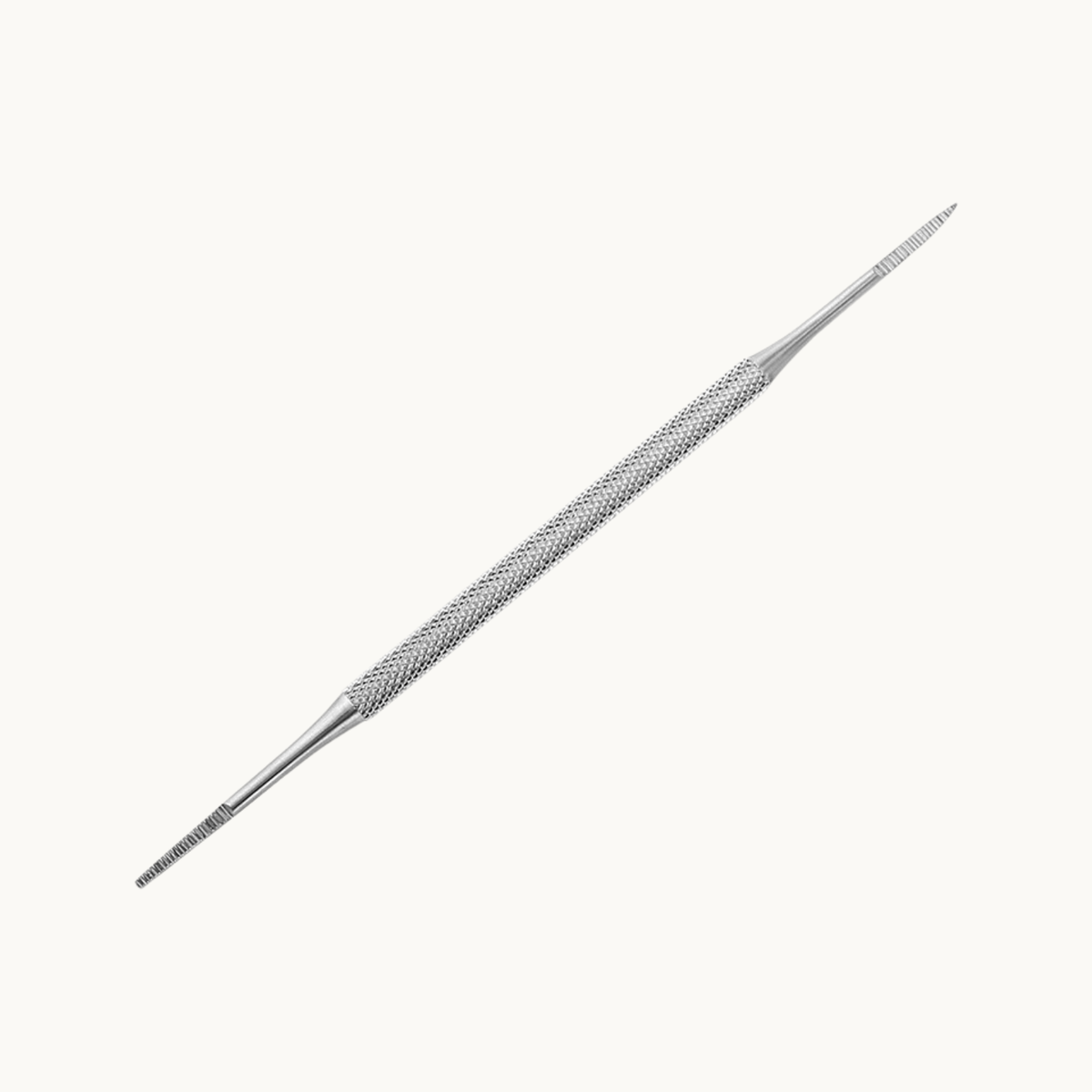 Double-ended stainless steel curved nail file with fine tapered tips and a textured grip for detailed manicure work.